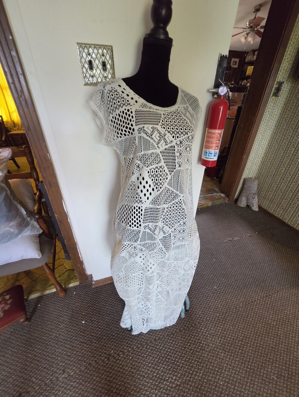 Vintage Y2K Route 66 Crochet Lace Patchwork Maxi Dress Cover-up | White Boho